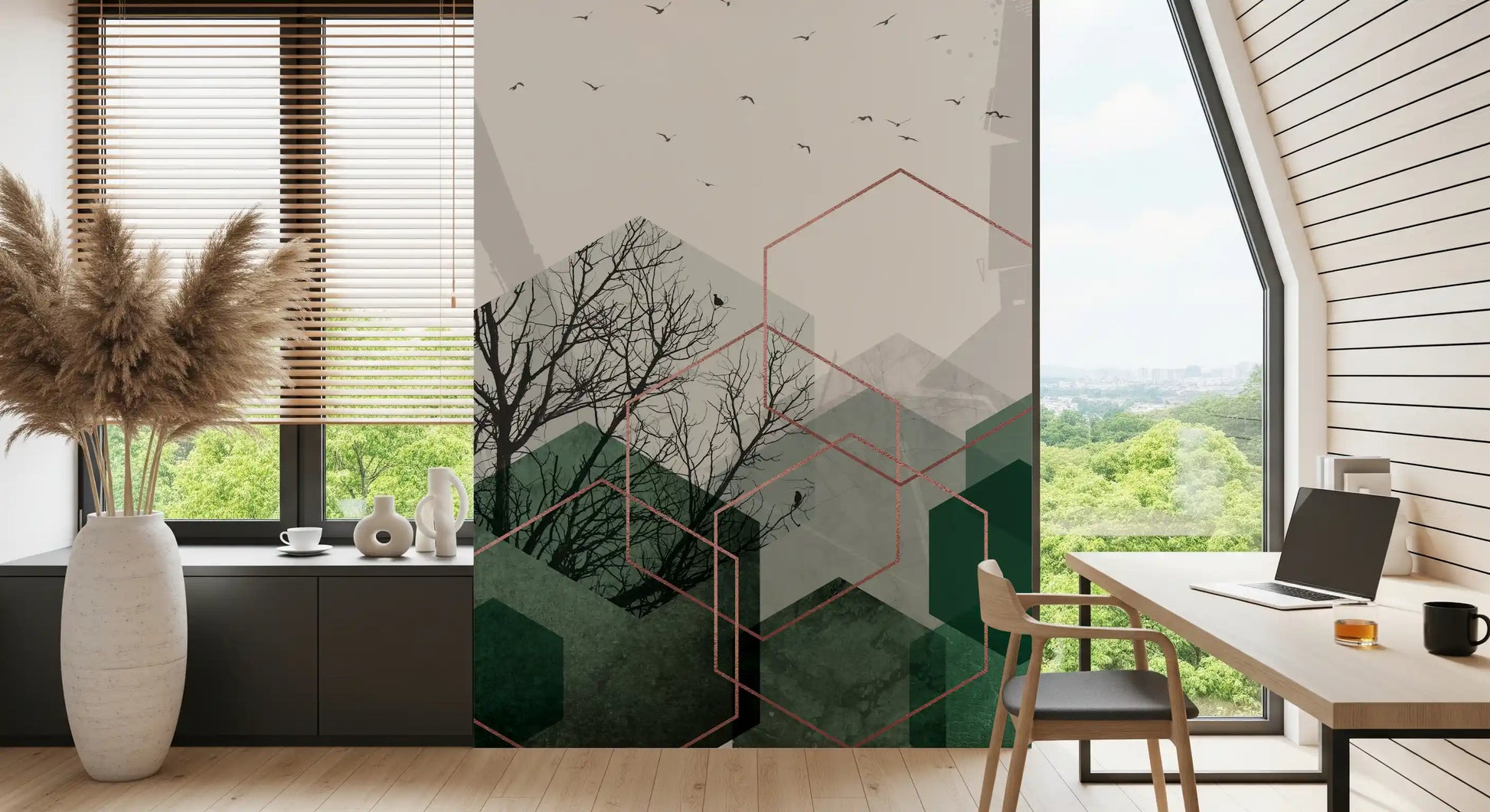Close detail of emerald hexagons layered over bare branches in the wall mural