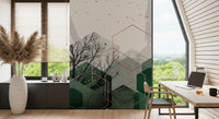 Close detail of emerald hexagons layered over bare branches in the wall mural
