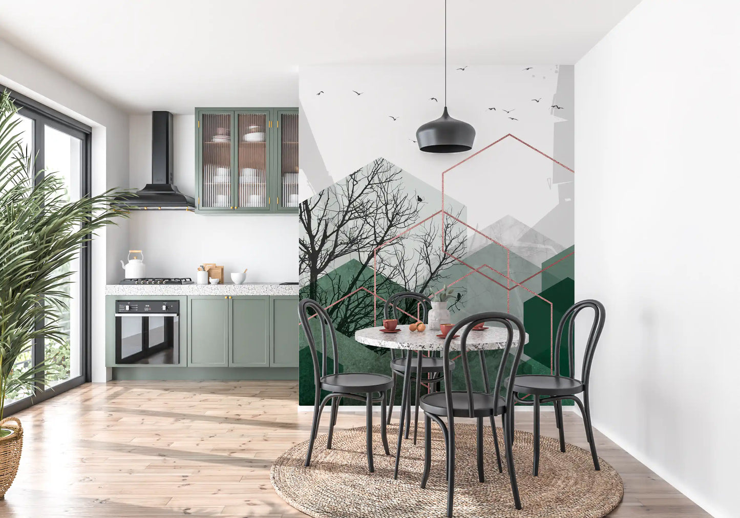 Dining room with sideboard and lamp framing the hexagon wall mural