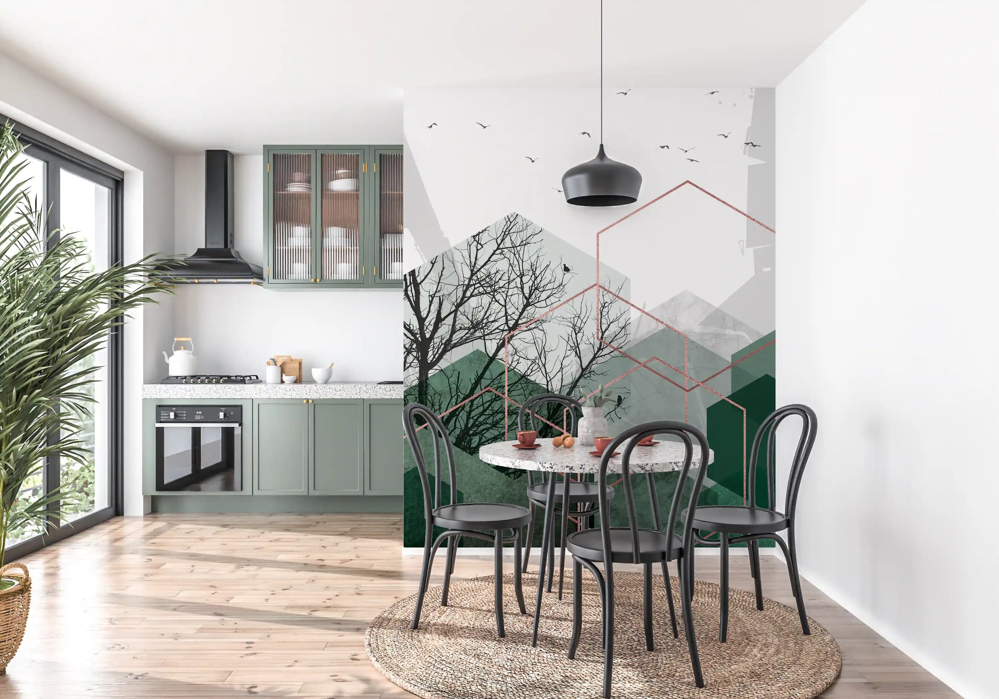 Dining room with sideboard and lamp framing the hexagon wall mural