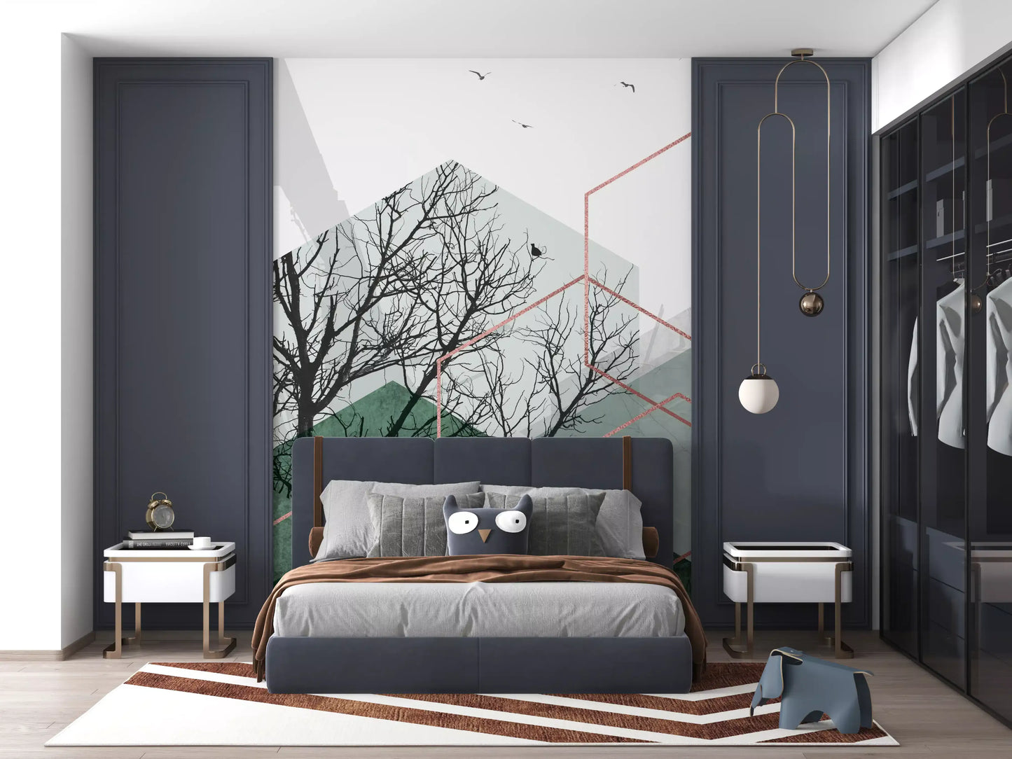 Bedroom area styled with console and chair set against this hexagon vista wall mural