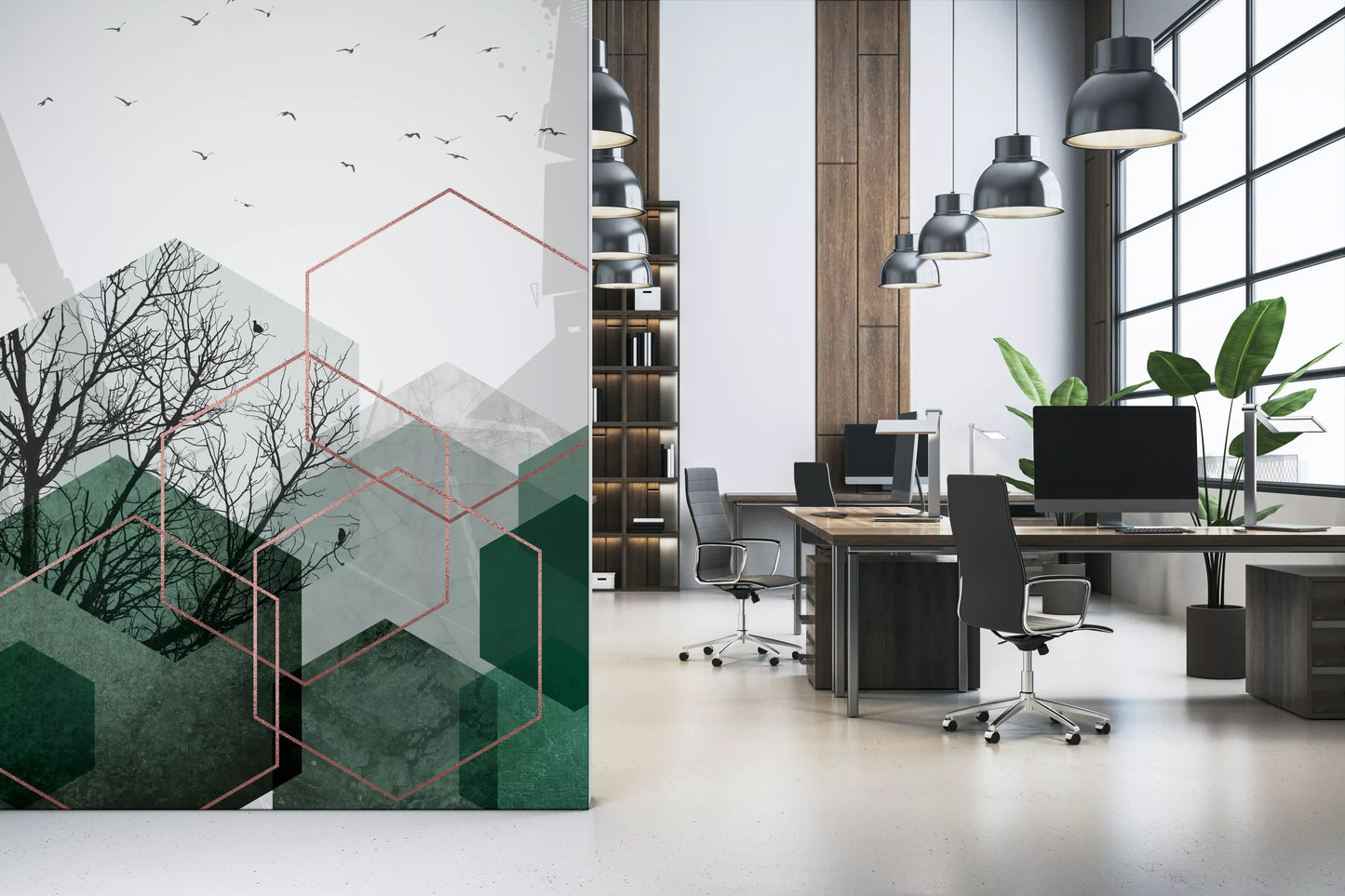 Copper outline shapes catching light on the Emerald Hexagon Vista wall mural