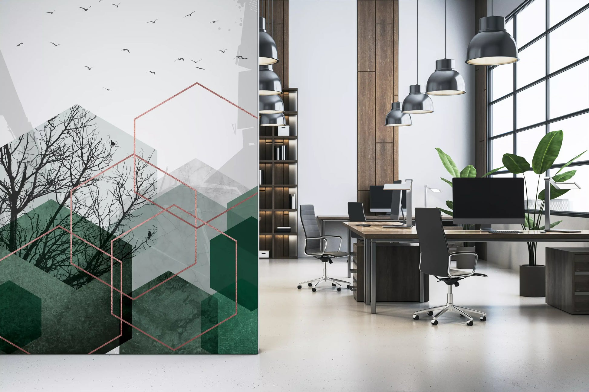 Copper outline shapes catching light on the Emerald Hexagon Vista wall mural
