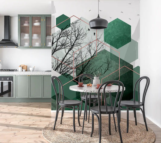 Kitchen-dining area with Emerald Hexagon Vista wall mural 