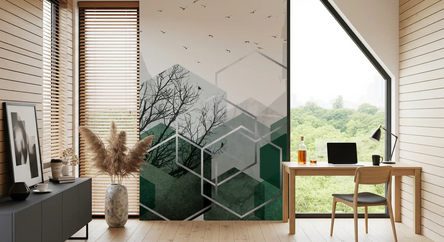 Sage and forest green tones layer through the Geometric Canopy Birds wall mural