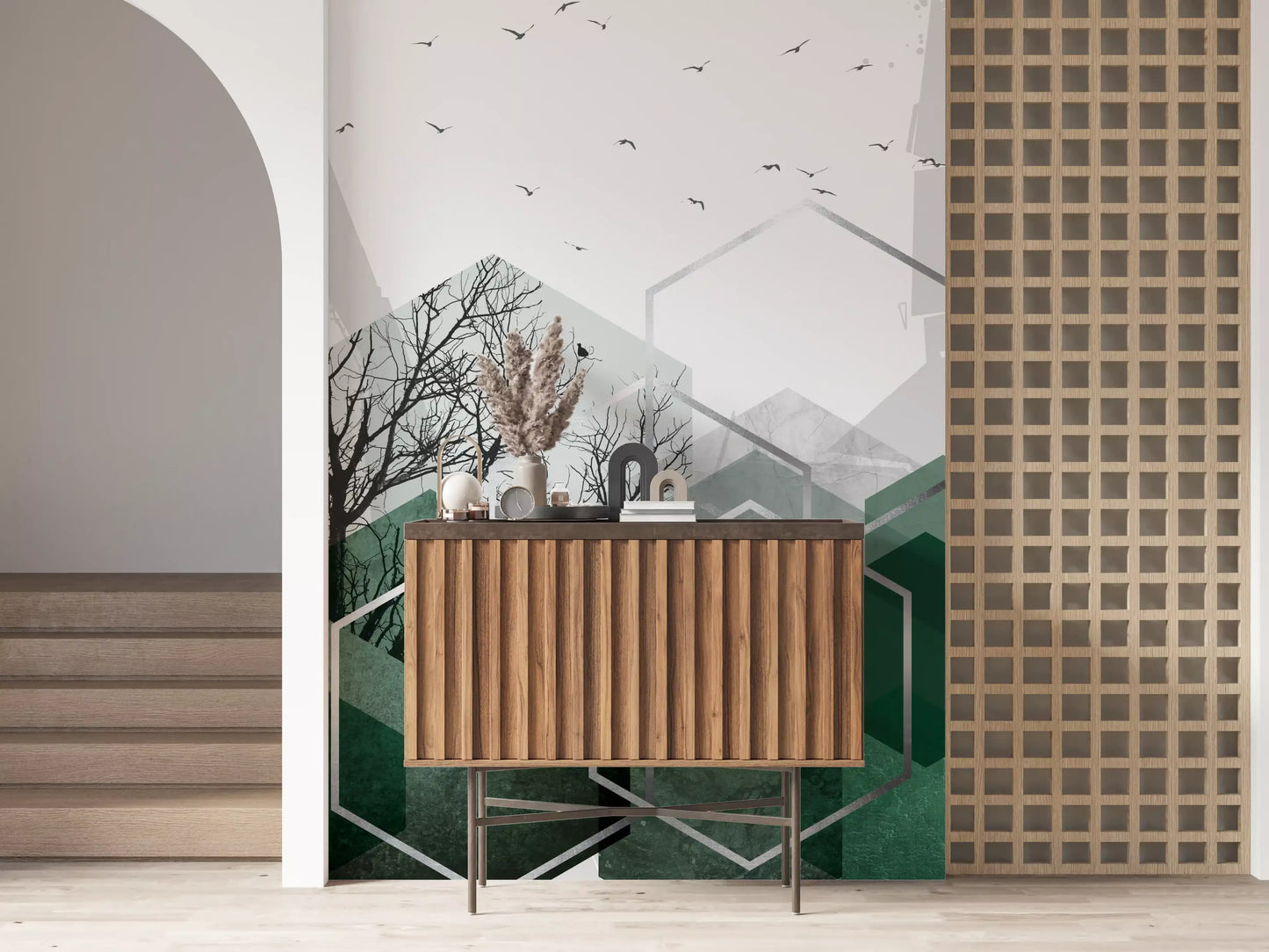 White hexagon outlines weave through bare trees in this geometric wall mural