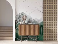 White hexagon outlines weave through bare trees in this geometric wall mural