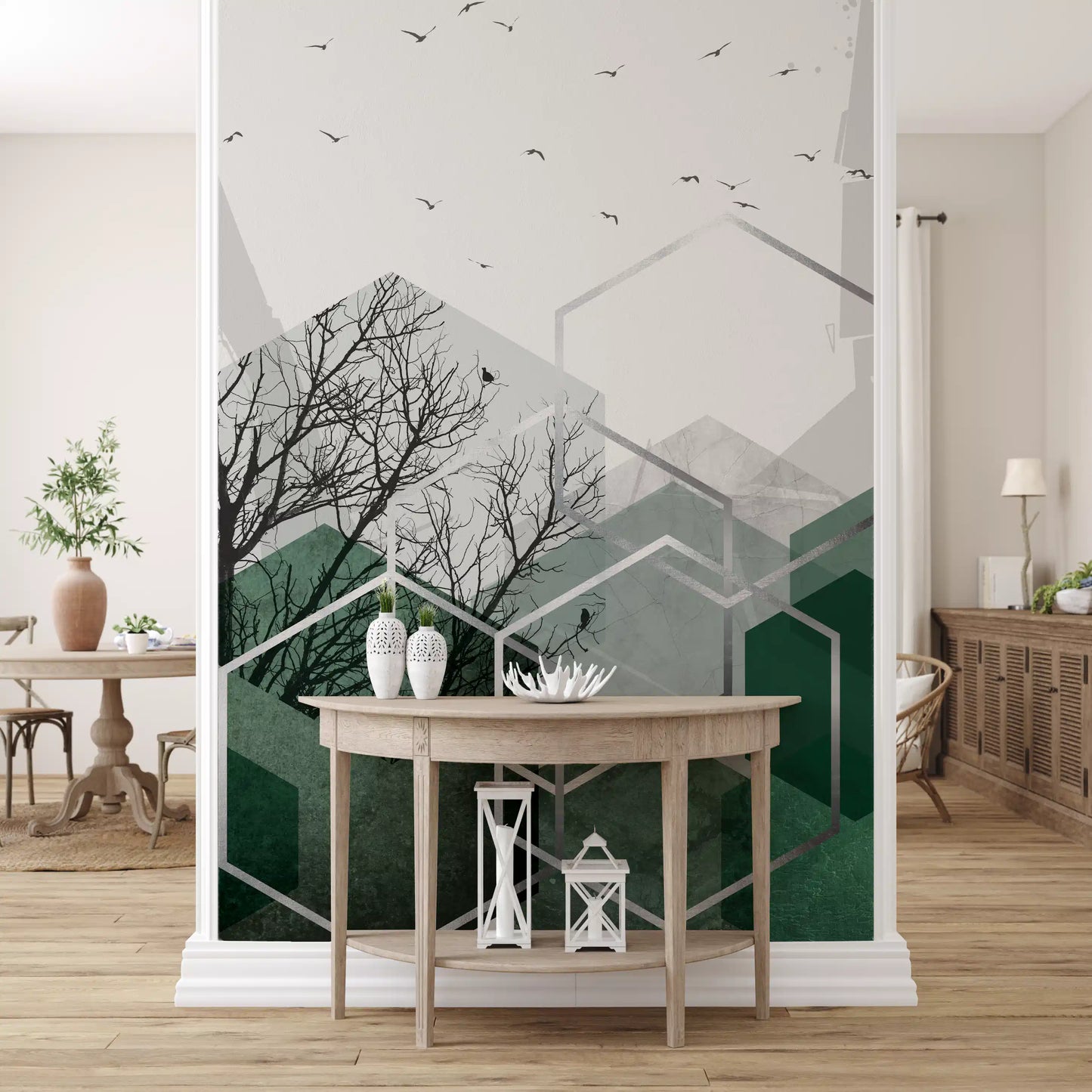 Hallway corner  finished with bare-tree hexagon wall mural and flying birds