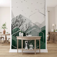 Hallway corner  finished with bare-tree hexagon wall mural and flying birds