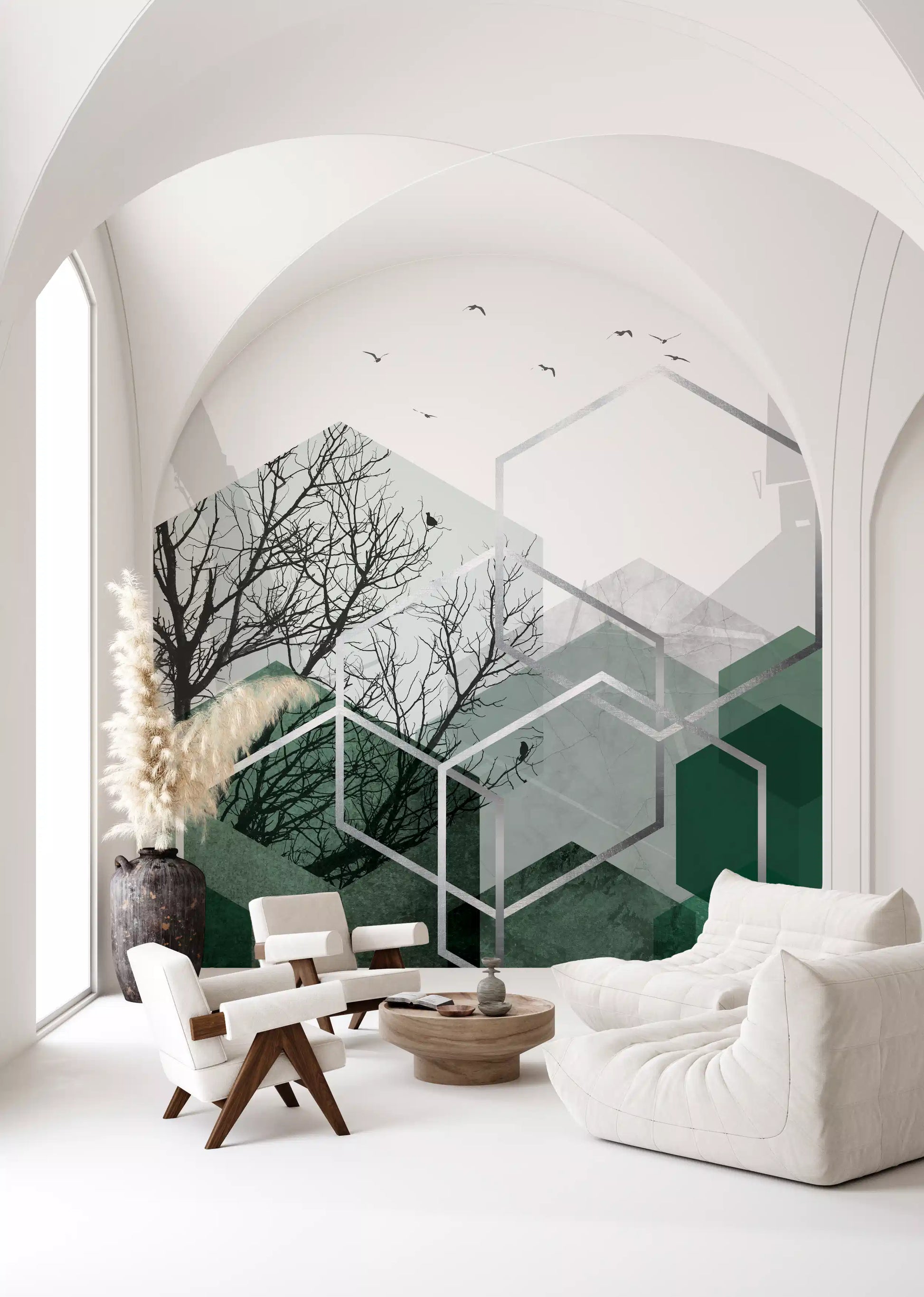 Hallway run featuring overlapping hexagons and branches wall mural in muted greens