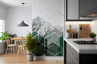 Kitchen and dining nook layered with the Geometric Canopy Birds wall mural in sage and grey