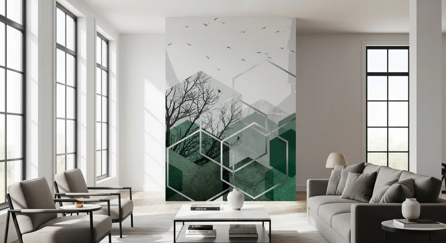 green hexagons frame bare branches in the Geometric Canopy Birds wall mural