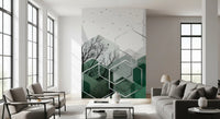 green hexagons frame bare branches in the Geometric Canopy Birds wall mural