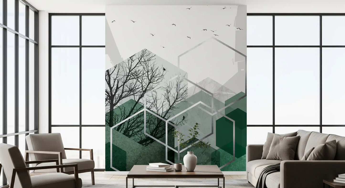 Lounge setting completed by a forest-green geometric birds wall mural