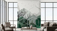 Lounge setting completed by a forest-green geometric birds wall mural