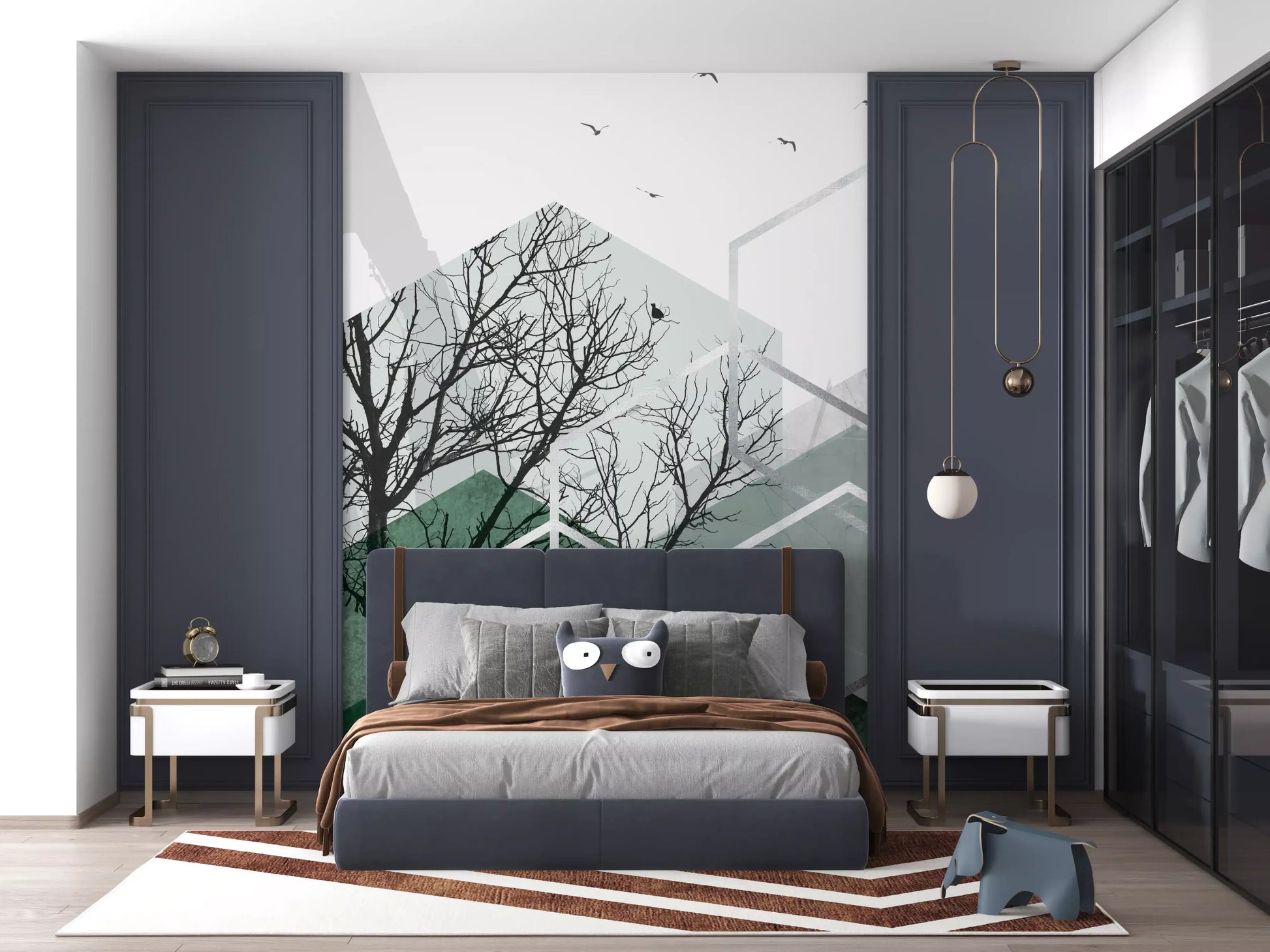 Bedroom area showing green geometric canopy wall mural across the back