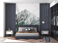 Bedroom area showing green geometric canopy wall mural across the back