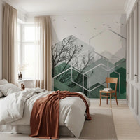 Bedroom feature setup using the Geometric Canopy Birds wall mural in green tones