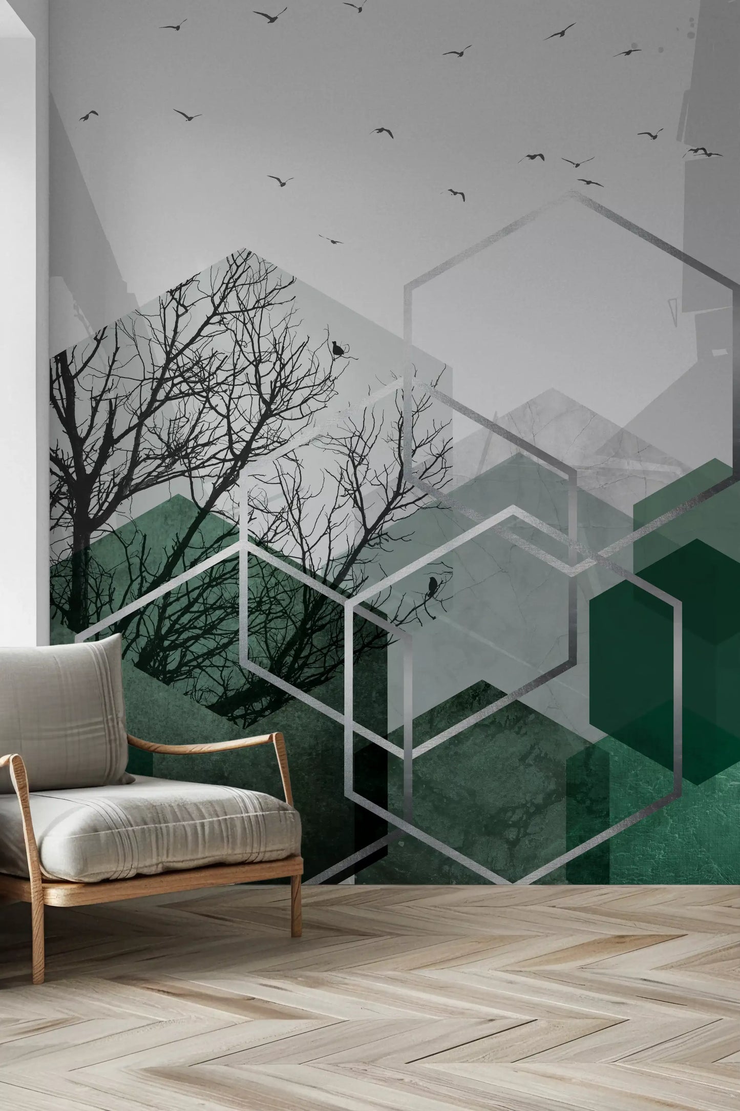 Flying birds drift across a pale sky above the canopy hexagon wall mural