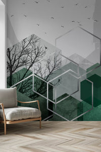 Flying birds drift across a pale sky above the canopy hexagon wall mural
