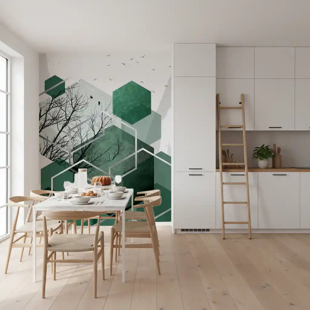 Dining space styled around the Geometric Canopy Flight wall mural in muted greens