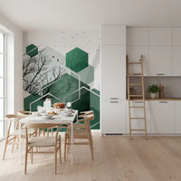 Dining space styled around the Geometric Canopy Flight wall mural in muted greens