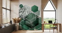 Emerald hexagons overlap mid-section of the Geometric Canopy Flight wall mural