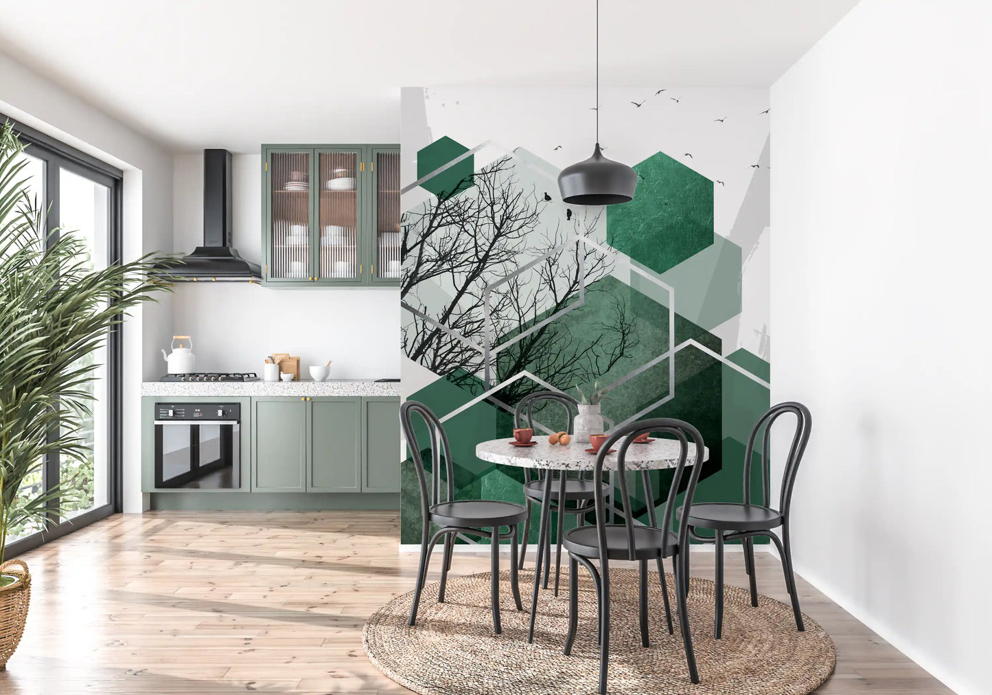 Emerald geometric wall mural framing a moody Dining and kitchen with dark headboard styling