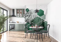 Emerald geometric wall mural framing a moody Dining and kitchen with dark headboard styling