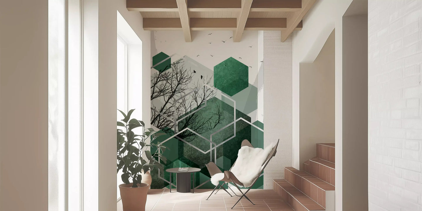 Entryway  featuring the Geometric Canopy Flight wall mural beside a marble counter