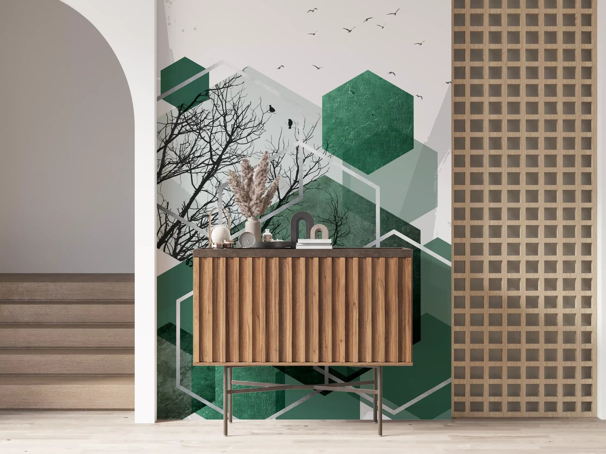 Hexagon and birds Geometric Canopy Flight wall mural set in a soft Hallway backdrop