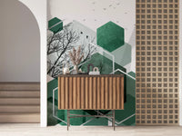 Hexagon and birds Geometric Canopy Flight wall mural set in a soft Hallway backdrop