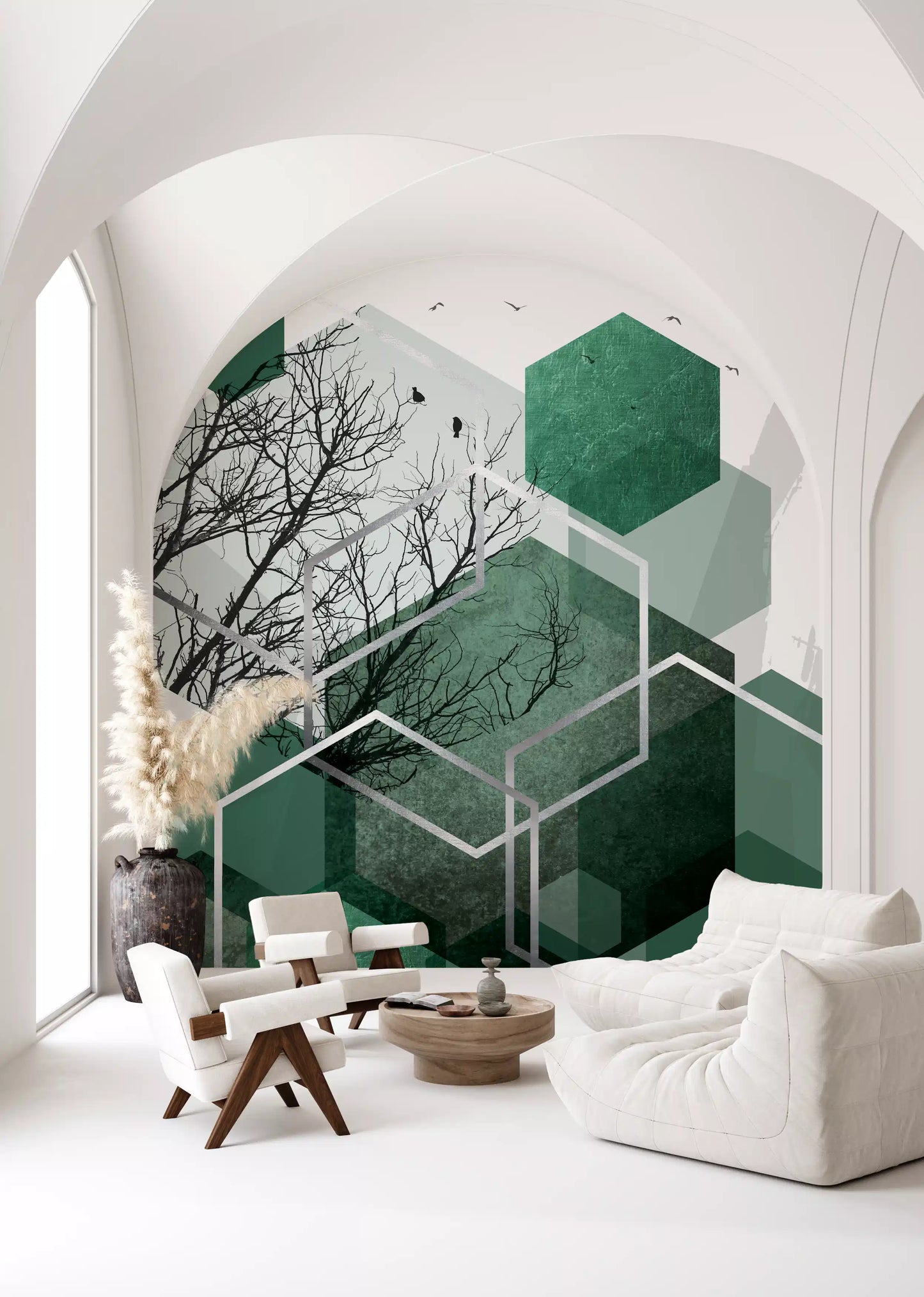 Flying birds and tree silhouettes detail on the geometric green wall mural