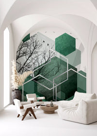 Flying birds and tree silhouettes detail on the geometric green wall mural