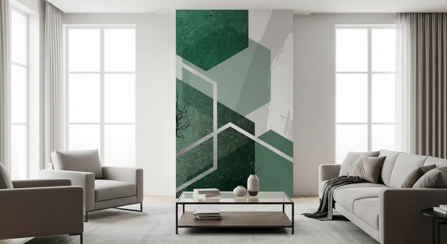 Geometric Canopy Flight wall mural showing green hexagons over bare branches