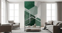 Geometric Canopy Flight wall mural showing green hexagons over bare branches