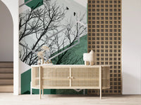 Hallway corner finished with a green hexagon wall mural