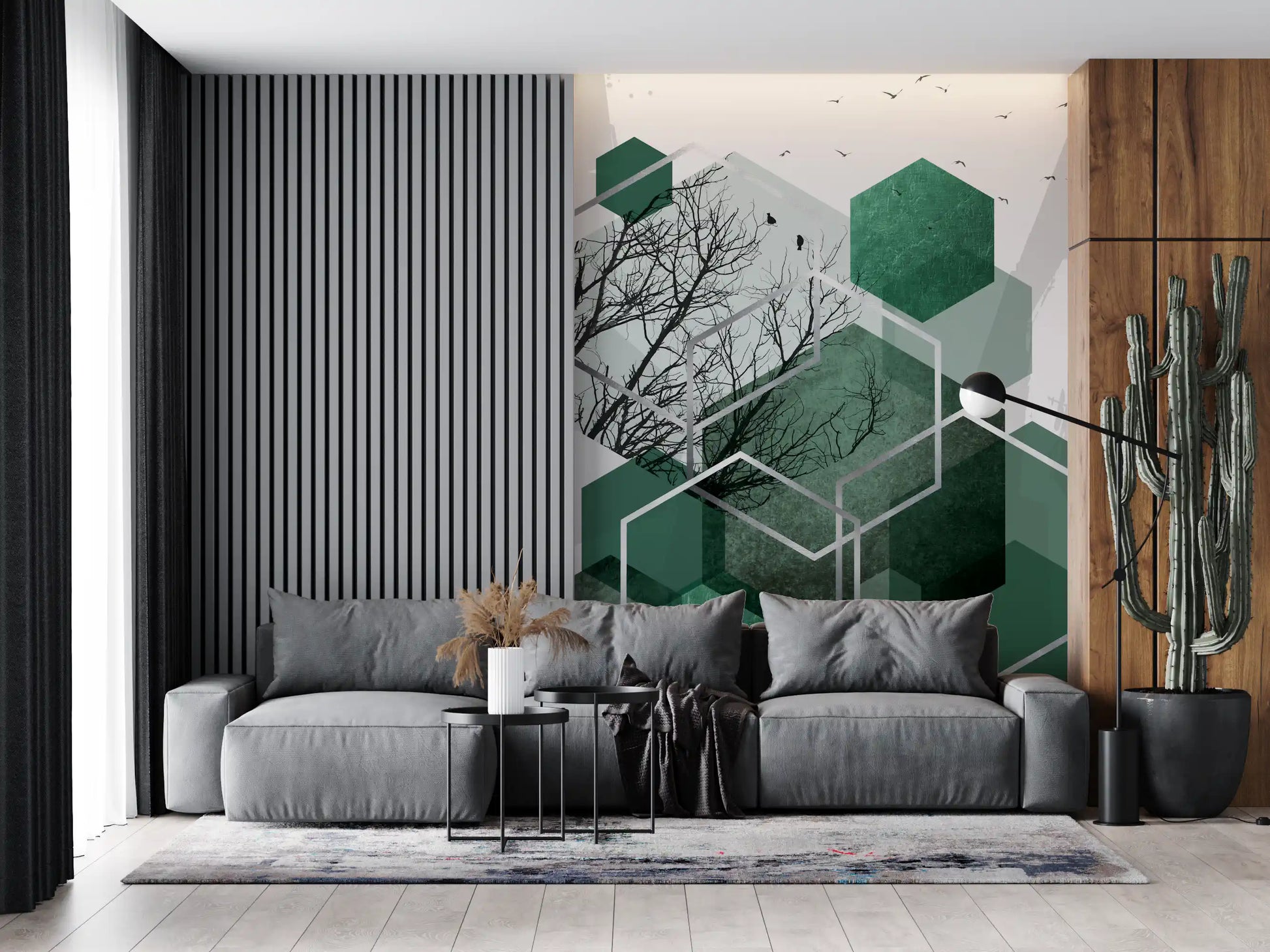 Gold outline shapes drift across the Geometric Canopy Flight wall mural surface