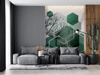 Gold outline shapes drift across the Geometric Canopy Flight wall mural surface