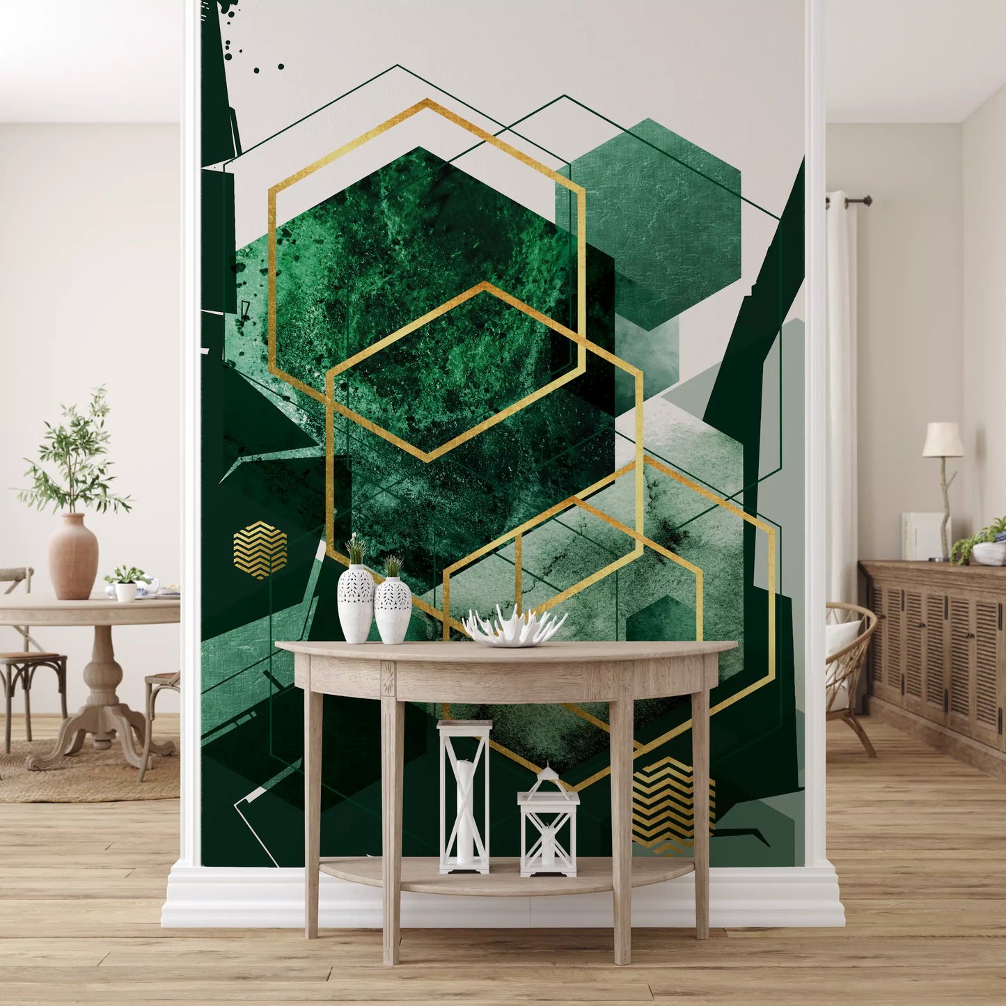 Verdant Hexagon Glamour Vægmaleri