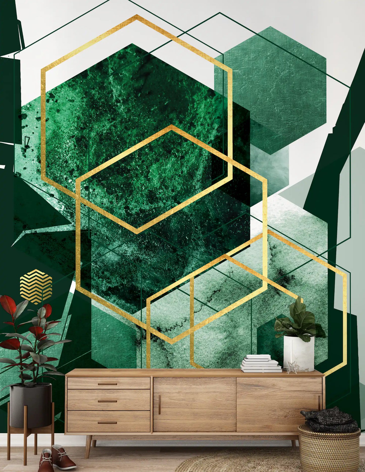 Verdant Hexagon Glamour Vægmaleri