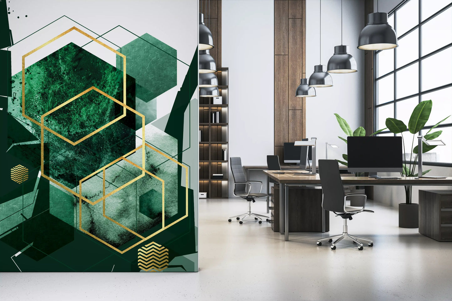 Verdant Hexagon Glamour Vægmaleri