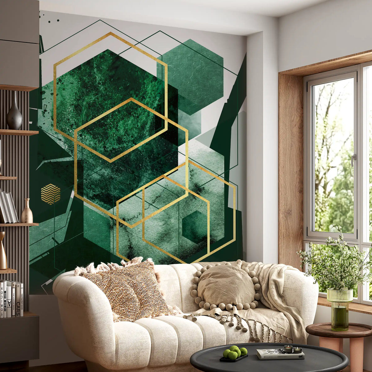 Lounge styled with the Verdant Hexagon Glamour wall mural 