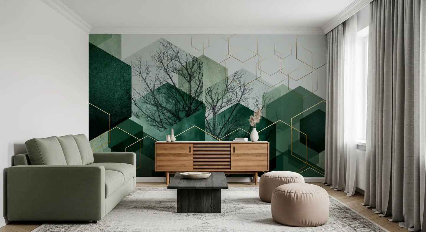 Living room shaped around the Verdant Hexascape wall mural 