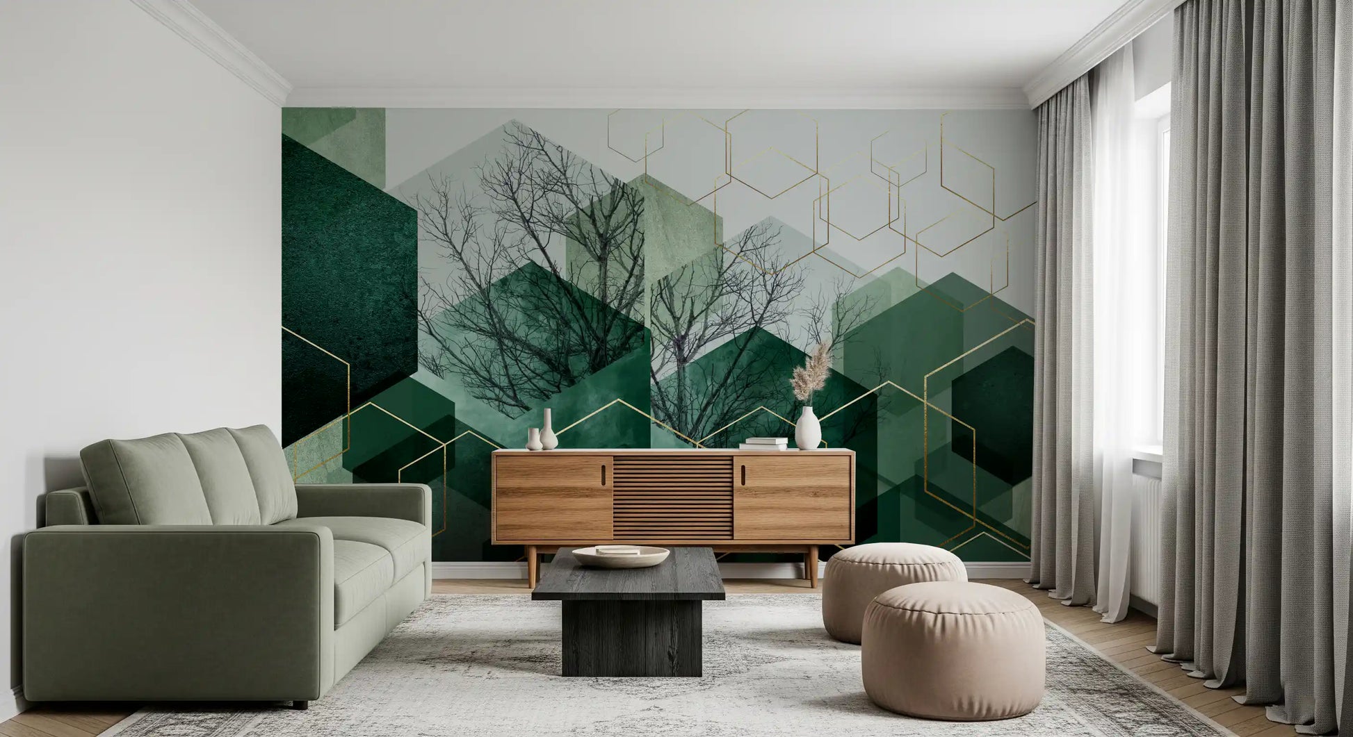 Living room shaped around the Verdant Hexascape wall mural 