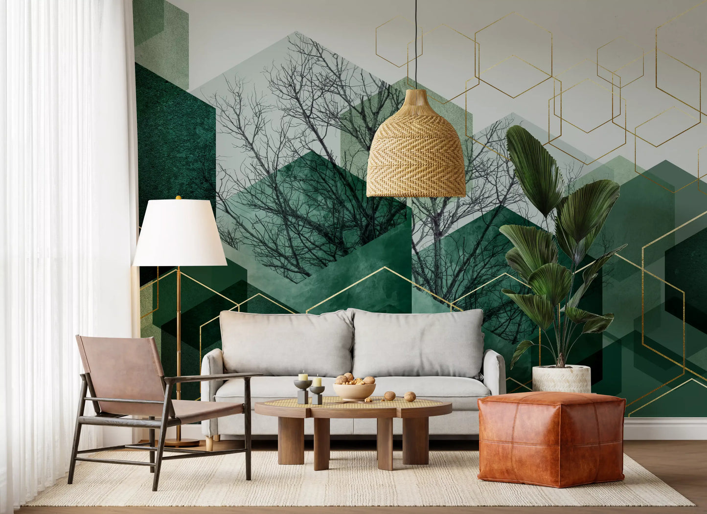 Gold outlined hexagons float above green geometry in the Hexascape wall mural