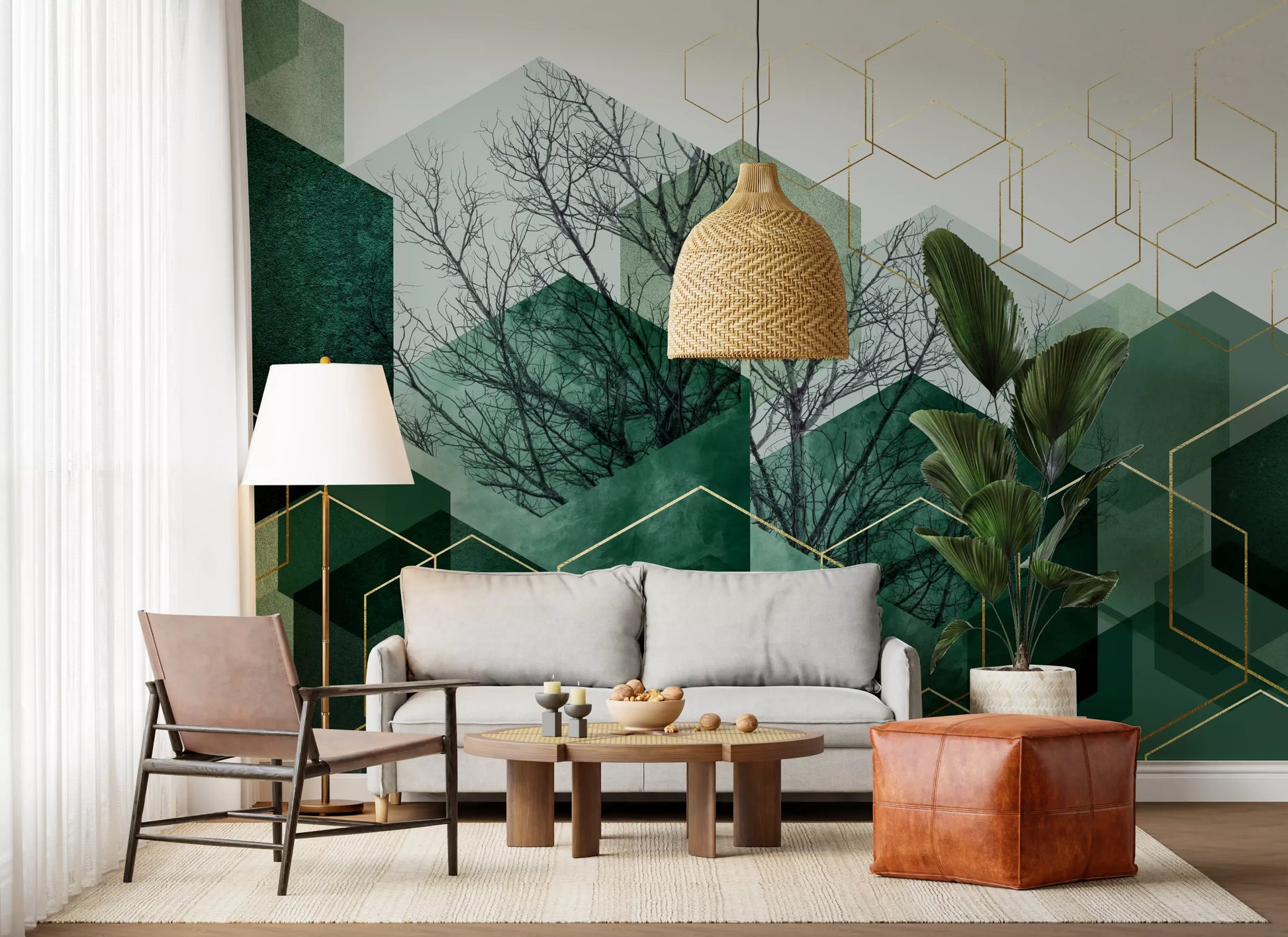 Gold outlined hexagons float above green geometry in the Hexascape wall mural