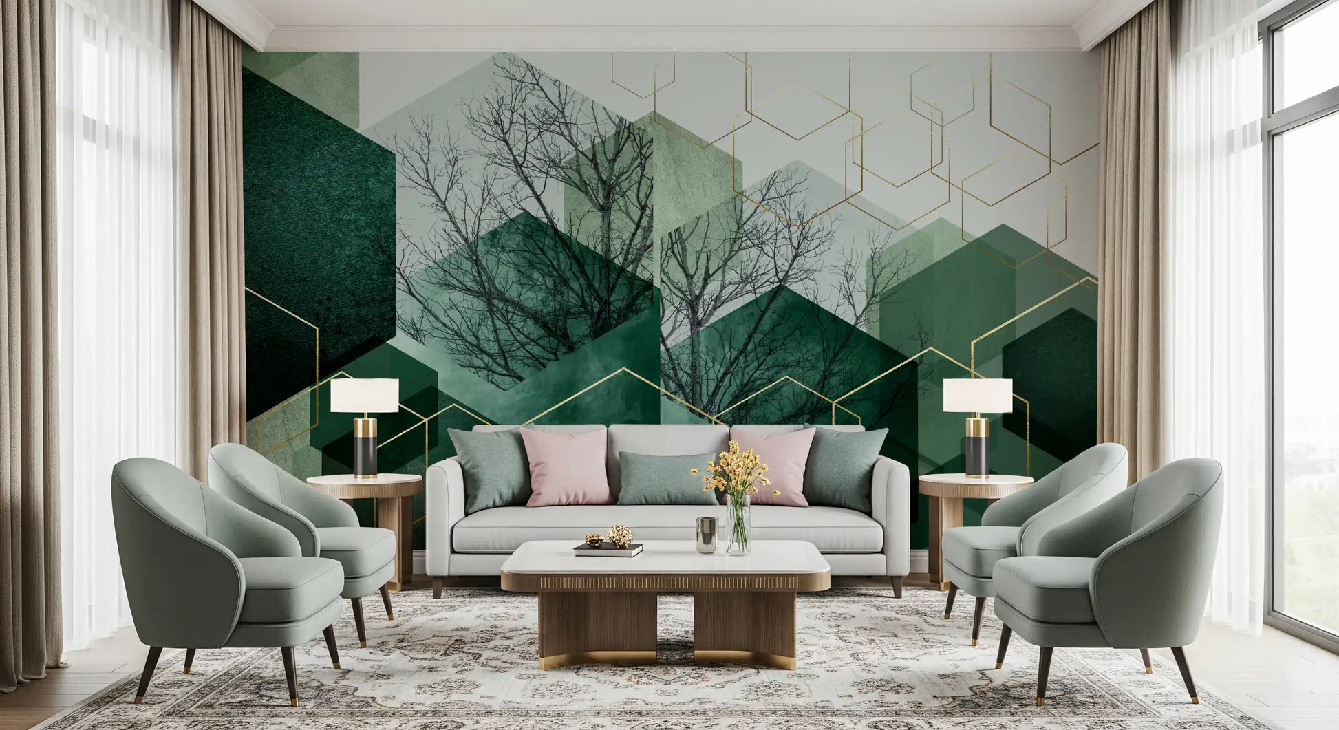 Emerald hexagons of the Hexascape wall mural backdrop a relaxed lounge seating layout