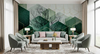 Emerald hexagons of the Hexascape wall mural backdrop a relaxed lounge seating layout