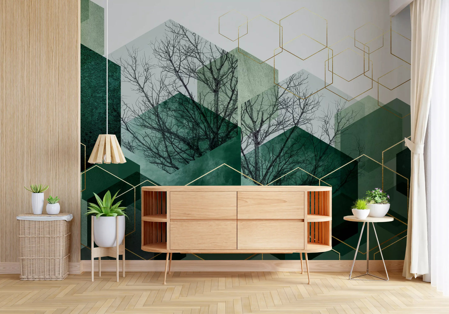 Stacked green hexagons across the Hexascape wall mural set the tone in a calm Hallway 